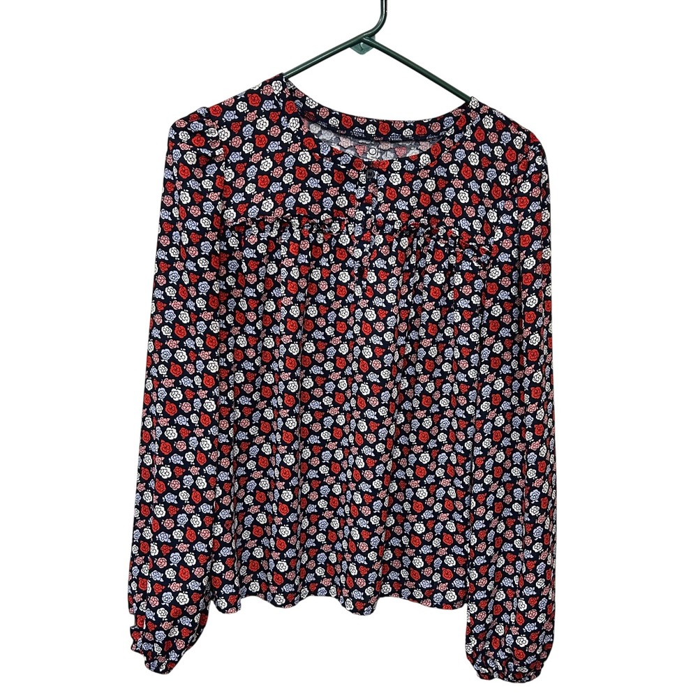 Loft Outlet Navy Blue Red Floral Ruffle Yoke Balloon Sleeve Blouse Modest Medium